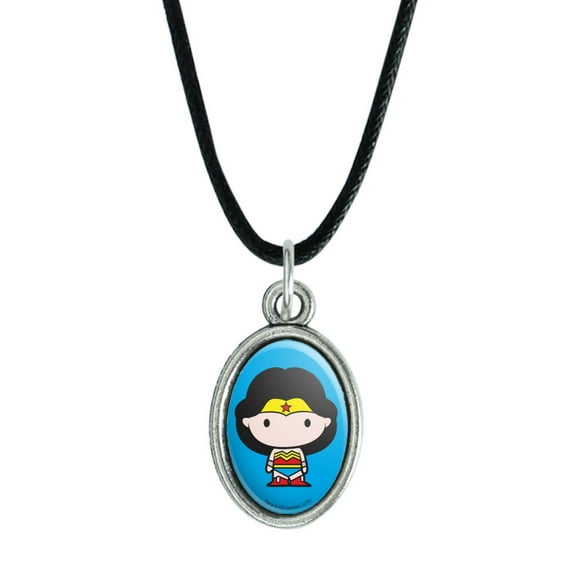 Wonder Woman Cute Chibi Character Antiqued Oval Charm Pendant with Black Satin Cord