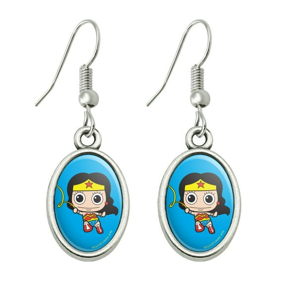 Wonder Woman Cute Chibi Golden Lasso Novelty Dangling Drop Oval Charm Earrings
