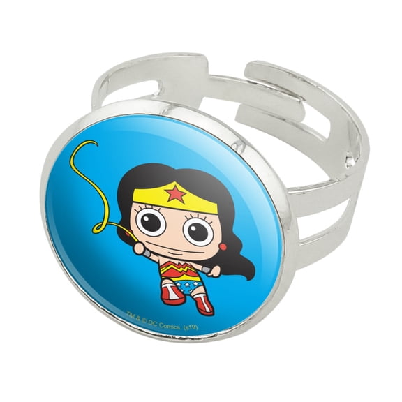 Wonder Woman Cute Chibi Golden Lasso Silver Plated Adjustable Novelty Ring