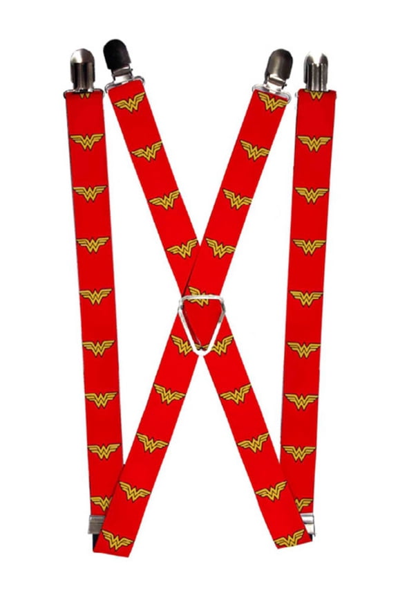 Wonder Woman DC Comics Superhero Red And Yellow Repeating Logo Suspenders