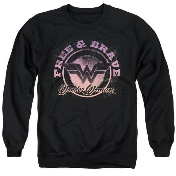 Wonder Woman Free and Brave Unisex Adult Crewneck Sweatshirt, Black, Large