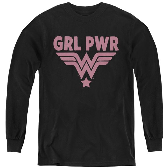 Wonder Woman Girl Power Pink Youth Long Sleeve T Shirt, Black, Large