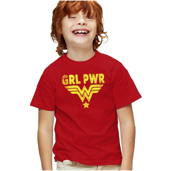 Wonder Woman Girl Power Yellow Kids T Shirt for Youth Boys and Girls, Red, Medium