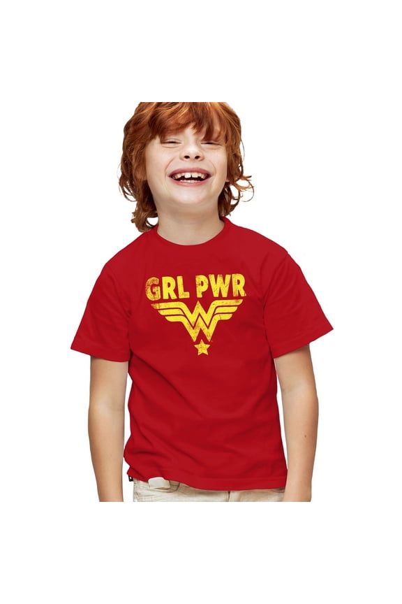 Wonder Woman Girl Power Yellow Kids T Shirt for Youth Boys and Girls, Red, X-Small