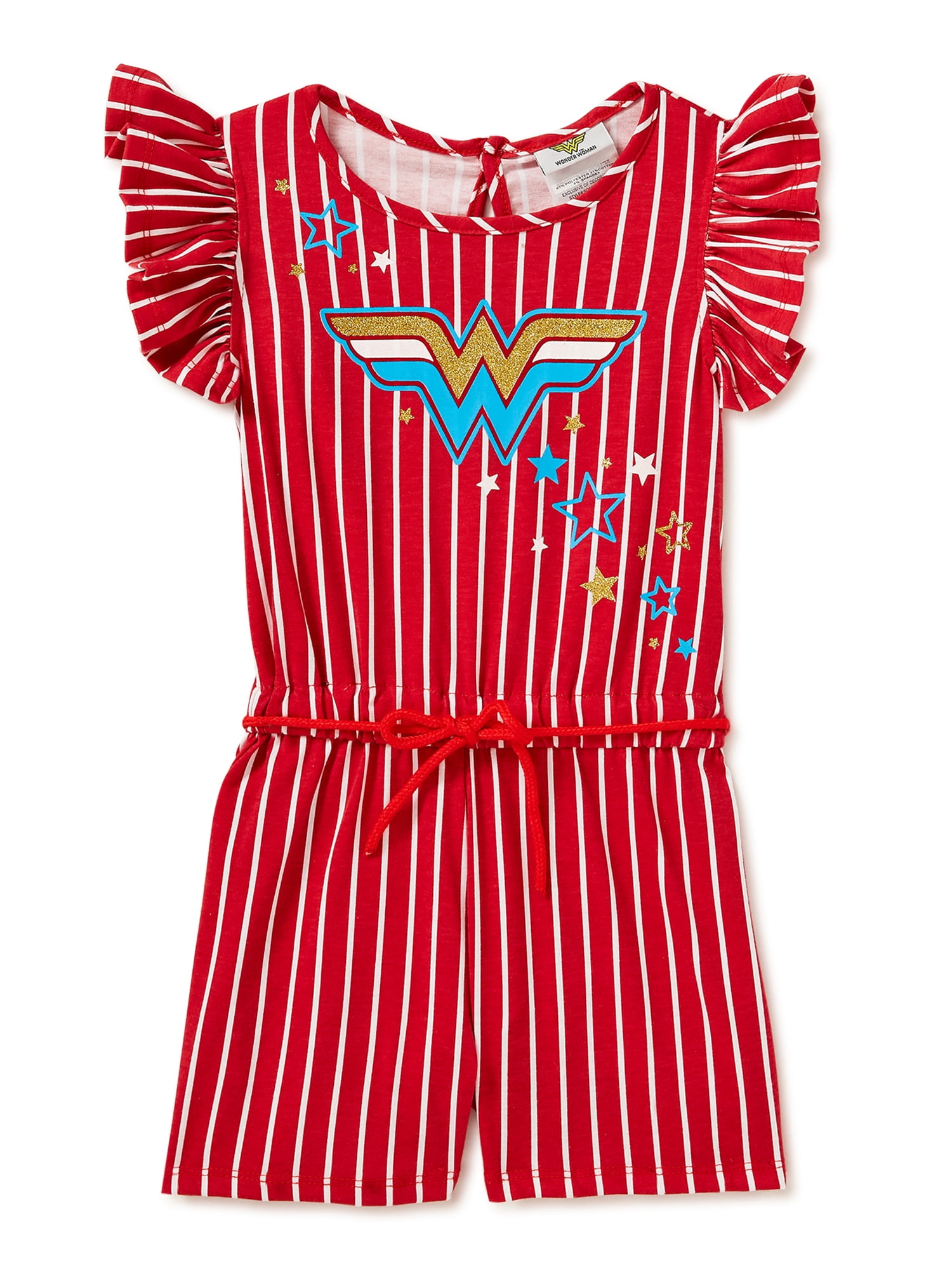 Wonder Woman Girls Graphic Flutter Sleeve Belted Romper, Sizes 4-18