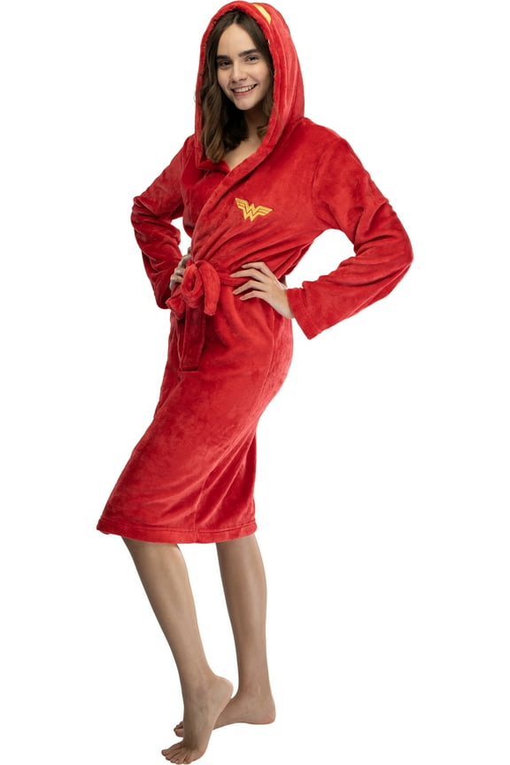 DC Comics Junior's Women's Wonder Woman Embroidered Hooded Costume Fleece Robe Bathrobe