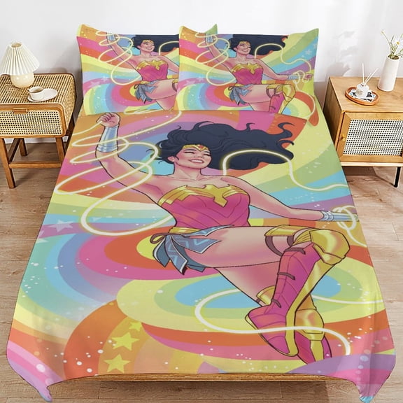Wonder Woman Kids 3 Piece Bedding Set, Super Soft Printed Comforter Cover Sets with 1 Duvet Cover and 2 Pillowcase, Bedroom Decor Gifts for Boys Girls Teens Adult 86"x70"
