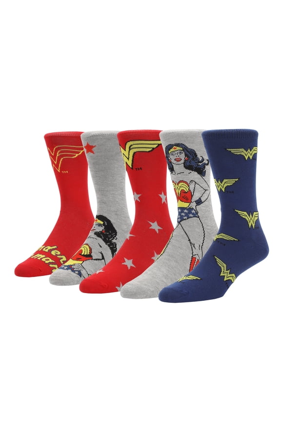 Wonder Woman Logo & Character Art Womens 5-Pair Pack Casual Crew Socks