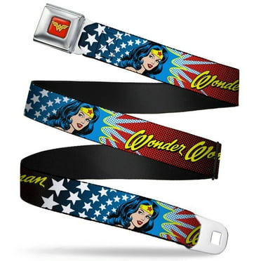 Wonder Woman Logo Full Color Red Seatbelt Buckle Belt - Wonder Woman Face w/Stars