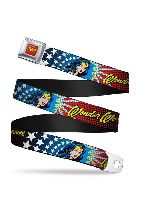 Wonder Woman Logo Full Color Red Seatbelt Buckle Belt - Wonder Woman Face w/Stars