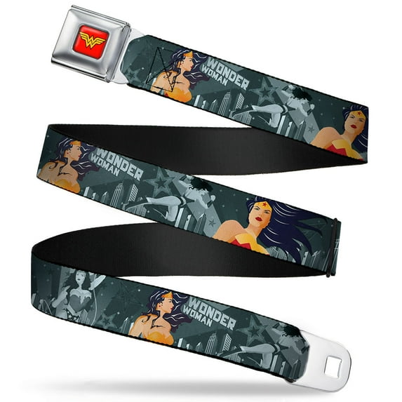 Wonder Woman Logo Full Color Red Wonder Woman 4 Poses Skyline & Stars Blues Seatbelt Belt Standard