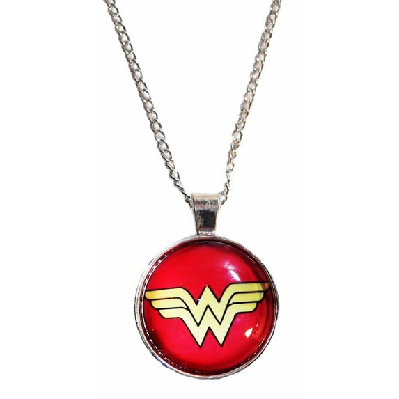 Wonder Woman Logo Glass Domed Pendant on 20 Inch Silvertone Chain