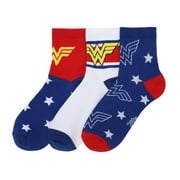 BIOWORLD Wonder Woman Logo Red, White and Blue Athletic 3-Pack Quarter Crew Socks