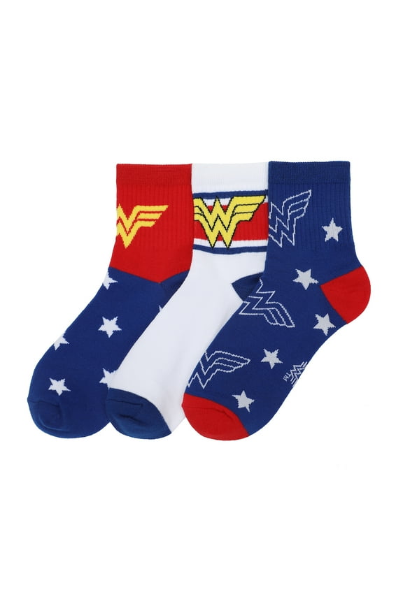 Wonder Woman Logo Red White and Blue Athletic 3-Pack Quarter Crew Ankle Socks