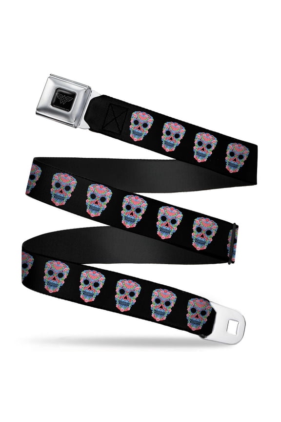 Wonder Woman Logo Reverse Brushed Silver 1.0" Cam Wonder Woman Floral Skull Web Belt 1.0" Wide