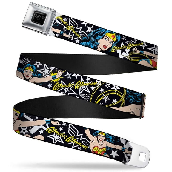 Wonder Woman Logo Reverse Brushed Silver 1.0" Cam Wonder Woman StarseBlack Web Belt 1.0" Wide