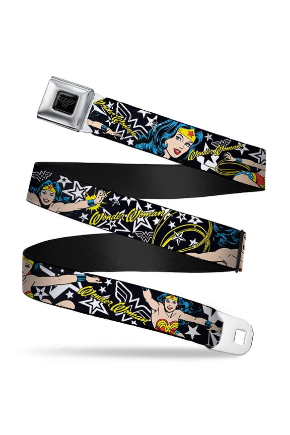 Wonder Woman Logo Reverse Brushed Silver 1.0" Cam Wonder Woman StarseBlack Web Belt 1.0" Wide