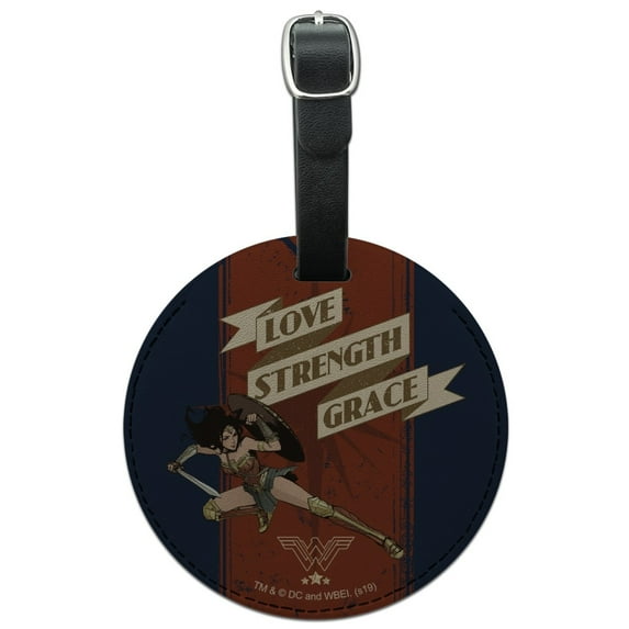 Wonder Woman Movie Love, Strength, Grace Round Leather Luggage Card Suitcase Carry-On ID Tag