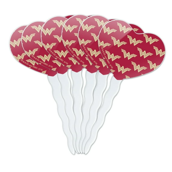 Wonder Woman Movie Red Logo Pattern Heart Love Cupcake Picks Toppers Decoration Set of 6