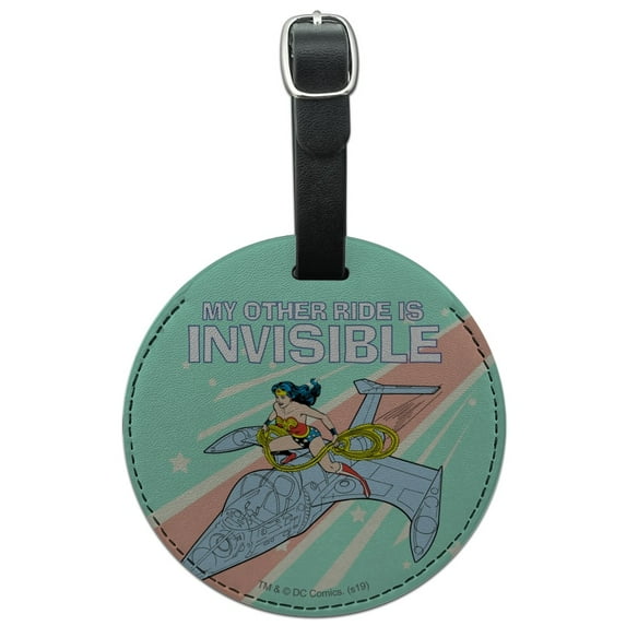 Wonder Woman My Other Ride is Invisible Round Leather Luggage Card Suitcase Carry-On ID Tag