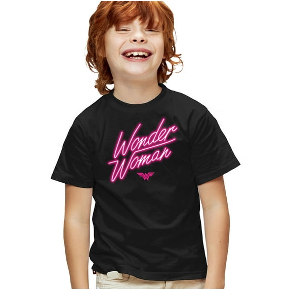 Wonder Woman Neon Logo Kids T Shirt for Youth Boys and Girls, Black, Large