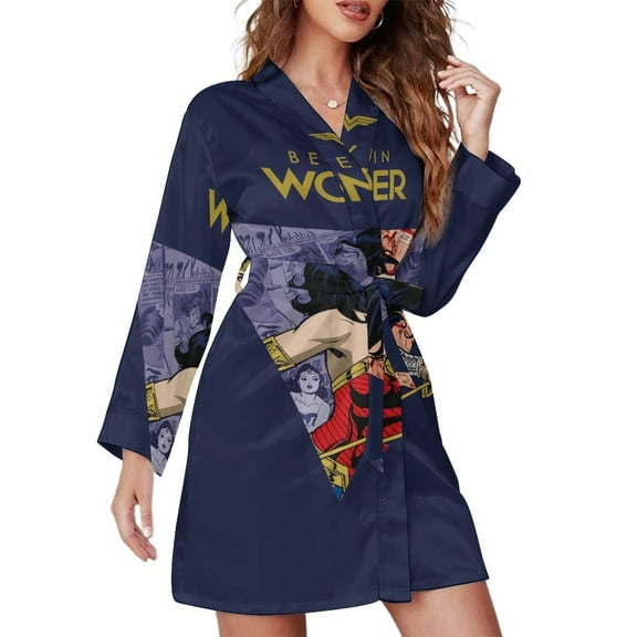Wonder Woman Nightgowns for Women Belted Sleepwear V-Neck Night Shirt Long Sleeve Printed Pajamas Sleep Dress S