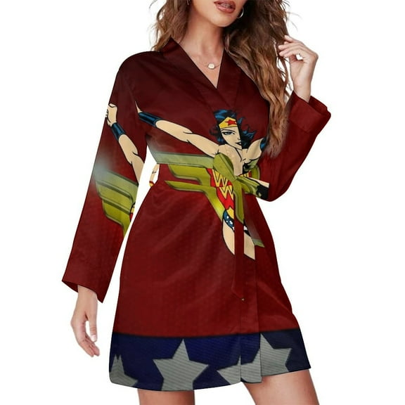 Wonder Woman Nightgowns for Women Belted Sleepwear V-Neck Night Shirt Long Sleeve Printed Pajamas Sleep Dress S