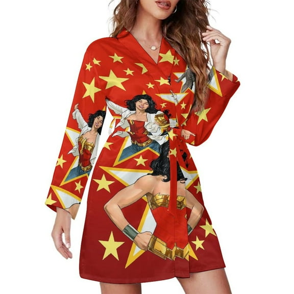 Wonder Woman Nightgowns for Women Belted Sleepwear V-Neck Night Shirt Long Sleeve Printed Pajamas Sleep Dress S