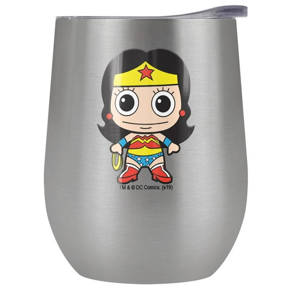 Wonder Woman Official Cute Chibi 12 OZ Stemless Wine Tumbler, Stainless Steel Travel Cup|Lake Tumbler|Insulated with Leak Resistant Slide-Lock Lid, Stainless Steel