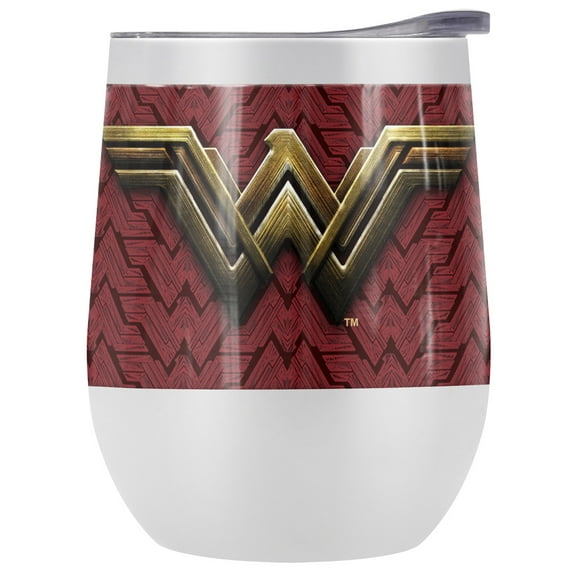 Wonder Woman Official Logo 12 OZ Stemless Wine Tumbler, Stainless Steel Travel Cup|Lake Tumbler|Insulated with Leak Resistant Slide-Lock Lid, White