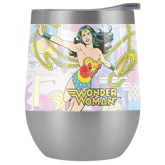 Wonder Woman Official Wonder Collage 12 OZ Stemless Wine Tumbler, Stainless Steel Travel Cup|Lake Tumbler|Insulated with Leak Resistant Slide-Lock Lid, Stainless Steel