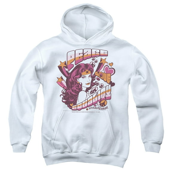 Wonder Woman Peace & Love 2 Kids Pull-Over Hoodie (Large) for Youth Boys and Girls, White