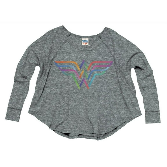 Wonder Woman Rainbow Logo Juniors Long Sleeve Steel Gray T-Shirt