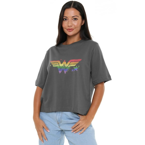 Wonder Woman Rainbow Wonder Woman Women's Boxy Cropped T-Shirt Casual Graphic Tee