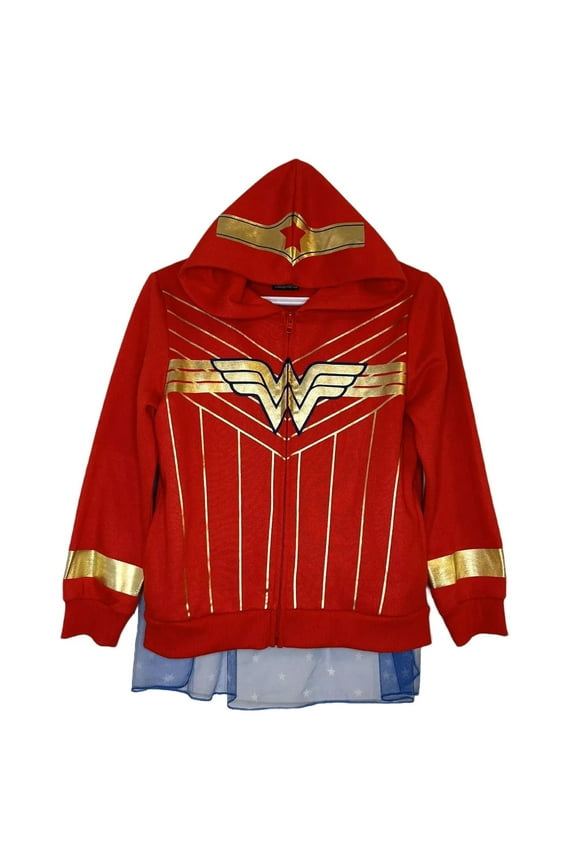 Wonder Woman Red Big Girl's Zip Hoodie with Detachable Cape - Large (10/12)