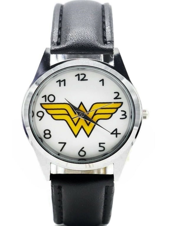 Wonder Woman Shield Logo Black Leather Band WRIST WATCH