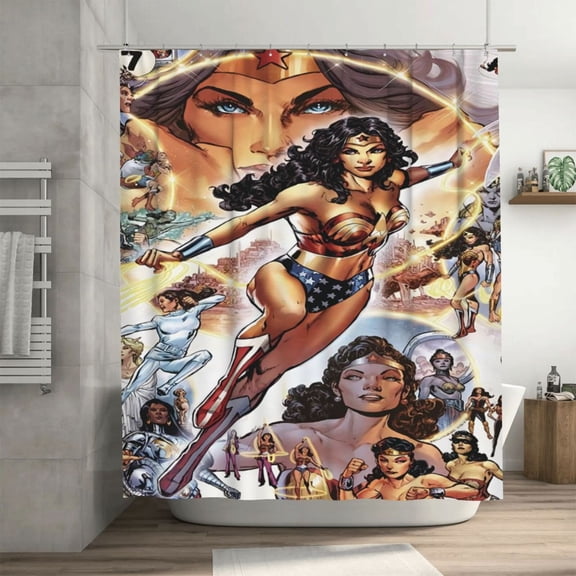 Wonder Woman Shower Curtain, Waterproof Washable Decorative Shower Curtain for Bathroom Bathtub, Bath Accessories Decor Set with 12 Hooks 72x72Inch Iron