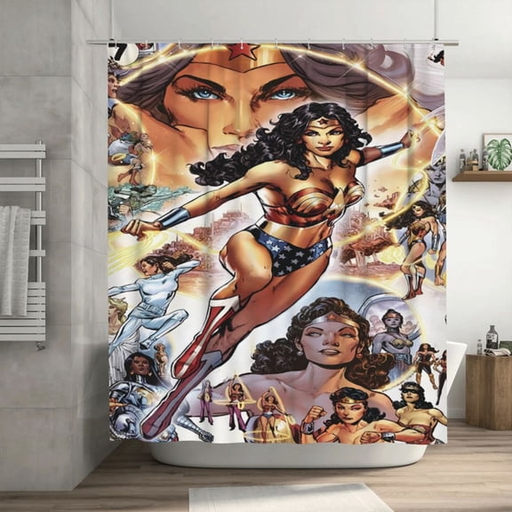 Wonder Woman Shower Curtain, Waterproof Washable Decorative Shower Curtain for Bathroom Bathtub, Bath Accessories Decor Set with 12 Hooks 72x72Inch Plastic