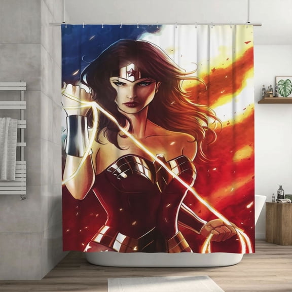 Wonder Woman Shower Curtain, Waterproof Washable Decorative Shower Curtain for Bathroom Bathtub, Bath Accessories Decor Set with 12 Hooks 72x72Inch Plastic