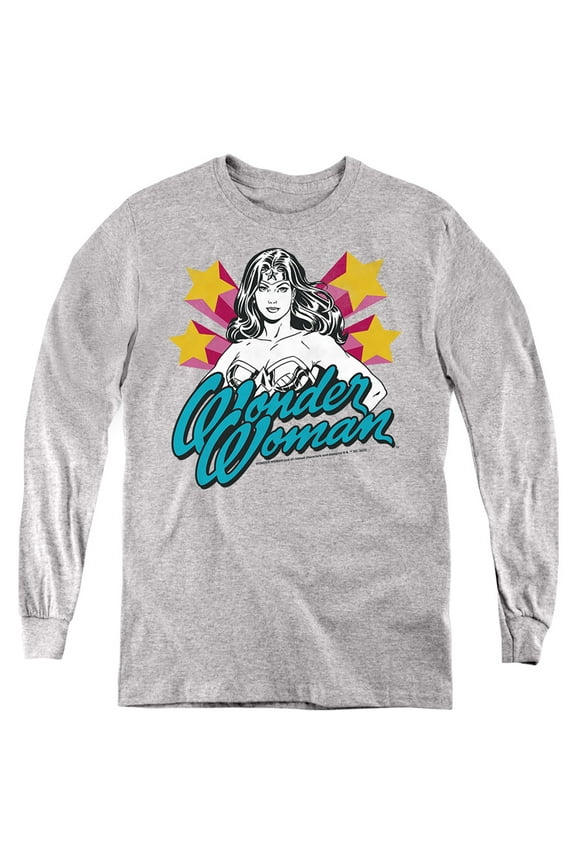 Wonder Woman Stance 1 Kids Long Sleeve T Shirt (Large) for Youth Boys and Girls, Athletic Heather