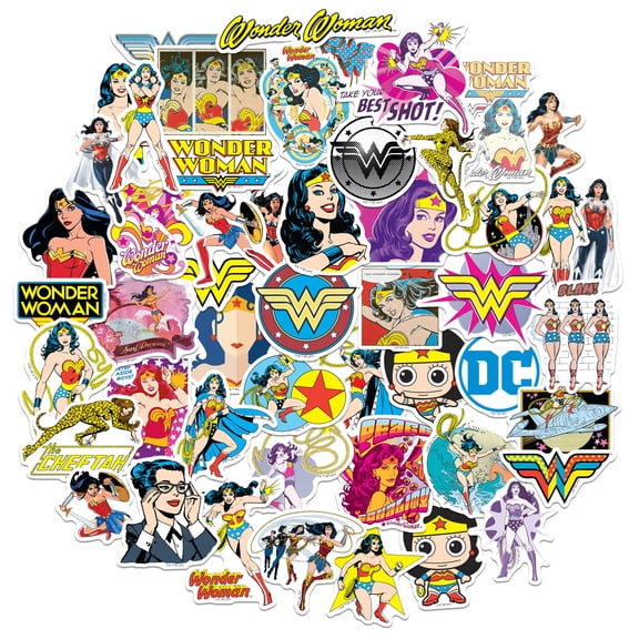 Wonder Woman Sticker Pack Die Cut Vinyl Large Delux Sticker Variety Pack - Laptop, Water Bottle, Scrapbooking, Tablet, Skateboard, Indoor/Outdoor - Set of 50