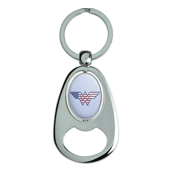 Wonder Woman USA American Flag Logo Keychain Chrome Metal Spinning Oval Bottle Opener