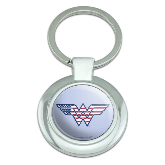 Wonder Woman USA American Flag Logo Keychain Classy Round Chrome Plated Metal