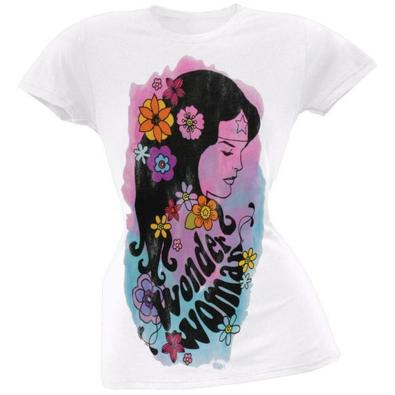 Wonder Woman Watercolor Floral Juniors Girly T-Shirt, White, Medium
