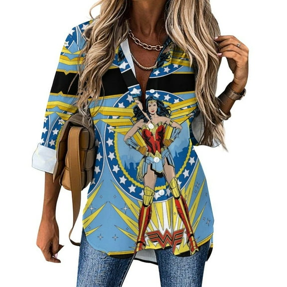 Wonder Woman Women's Irregular Hem Shirt V Neck Button Down Long Printed Blouse Casual Tops S