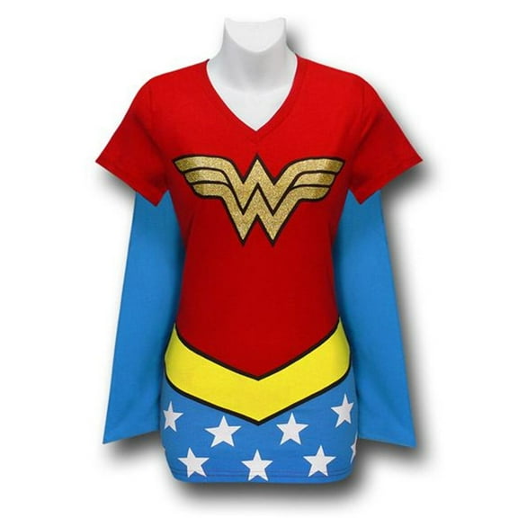 Wonder Woman Women's V-Neck Caped Costume T-Shirt-Medium