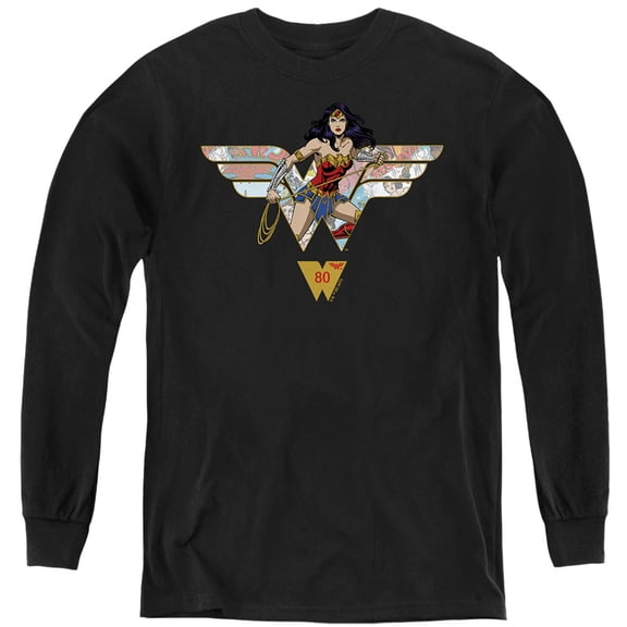 Wonder Woman Ww 80Th Collage Logo Kids Long Sleeve T Shirt (Medium) for Youth Boys and Girls, Black