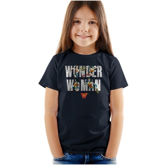 Wonder Woman Ww 80Th Illustrated Type Kids T Shirt (3) for Youth Toddler Boys and Girls, Navy
