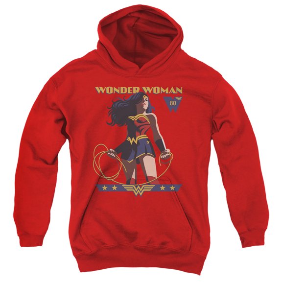 Wonder Woman Ww 80Th Stance Kids Pull-Over Hoodie (Medium) for Youth Boys and Girls, Red