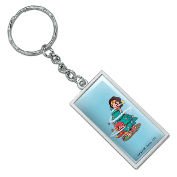 Wonder Woman and Flash Christmas Tree Rectangle Chrome Plated Metal Keychain Key Chain